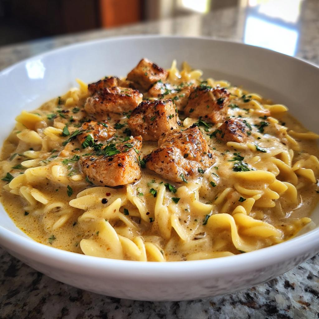 A creamy, filling dish with tender chicken and delicate orzo.