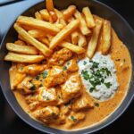 Butter Chicken mit Knoblauchsauce und knusprigen Pommes