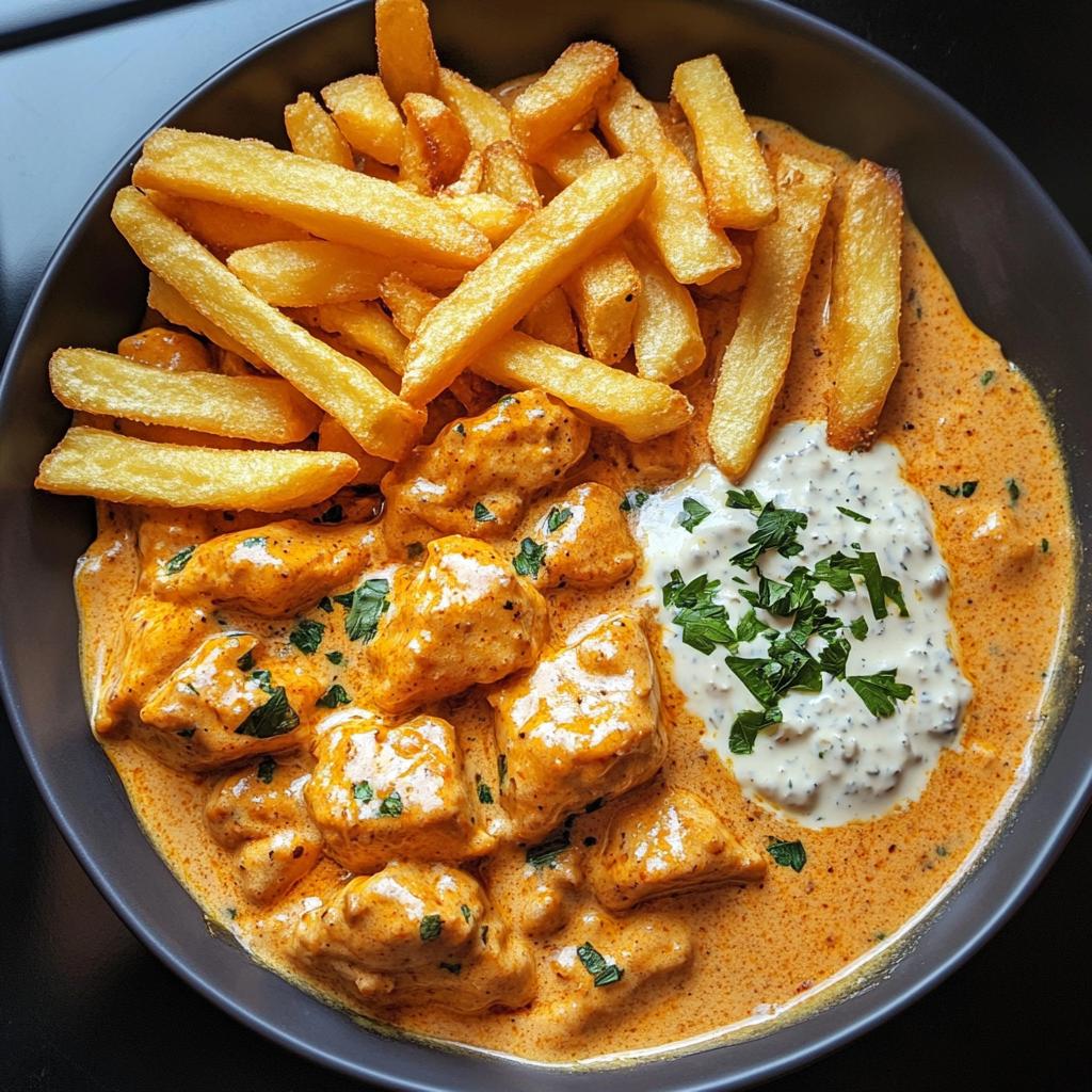 Butter Chicken mit Knoblauchsauce und knusprigen Pommes