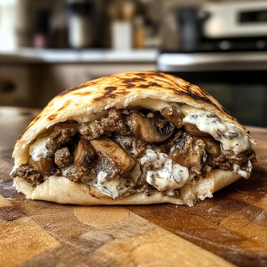 Cheesy Beef and Mushroom Pita Pockets with Tzatziki Sauce