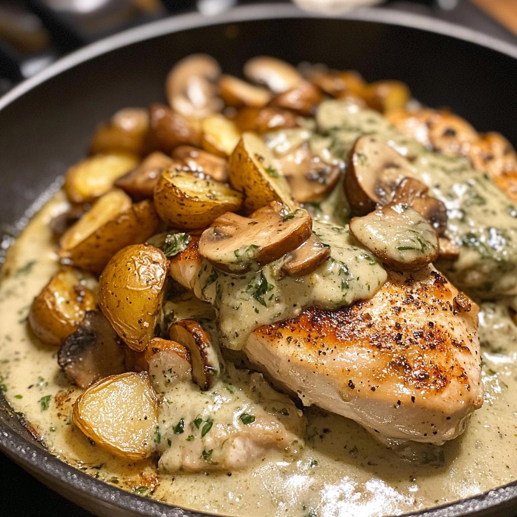 Chestnut Garlic Greek Chicken Alfredo with Sage Potatoes & Mushroom Pesto Cream - detail 1