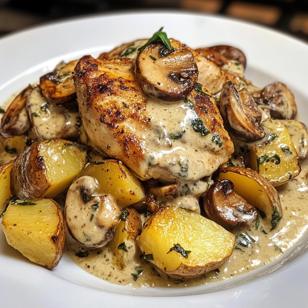Chestnut Garlic Greek Chicken Alfredo with Sage Potatoes & Mushroom Pesto Cream