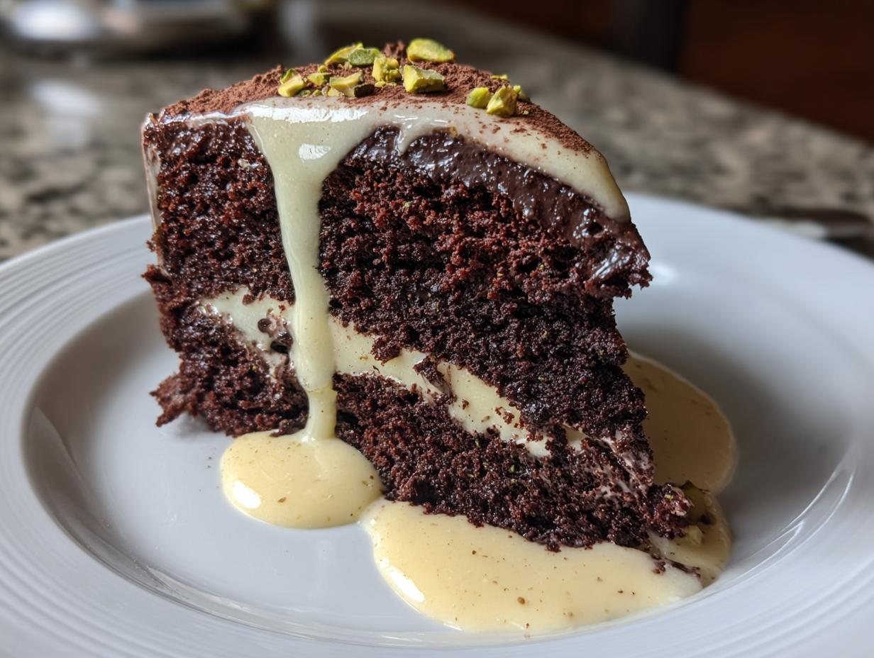 Chocolate Cake with Pistachio and Garlic Cream Sauce (A Delicious Gourmet Dish)