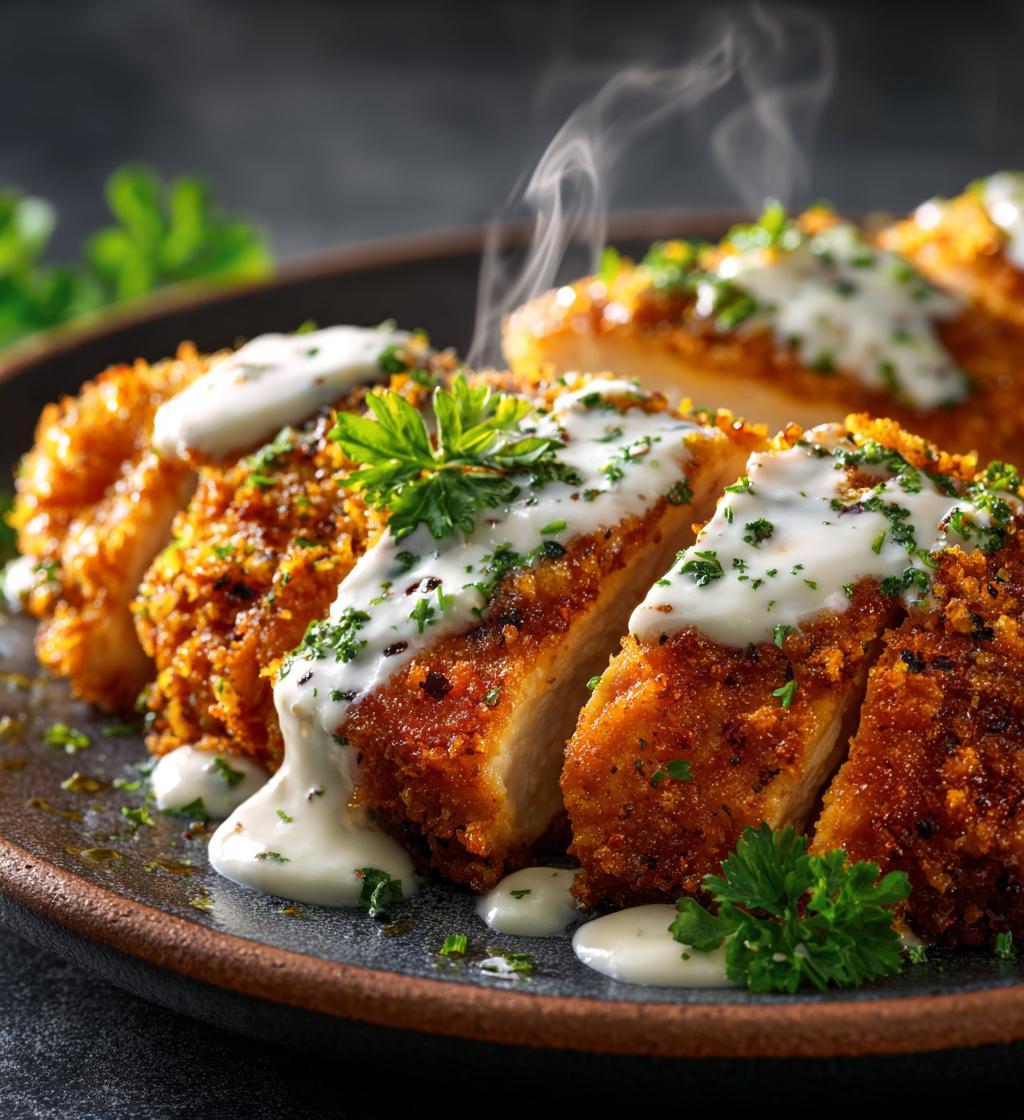 Crispy Parmesan Chicken with a Dreamy Garlic Cream Sauce!