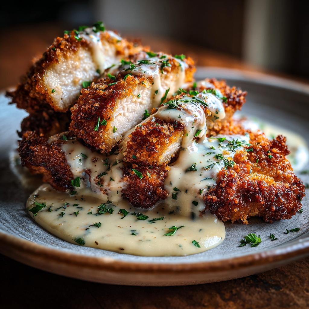 Crispy Parmesan Chicken with a Dreamy Garlic Cream Sauce!