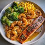 Garlic Butter Salmon & Shrimp with Broccoli & Corn