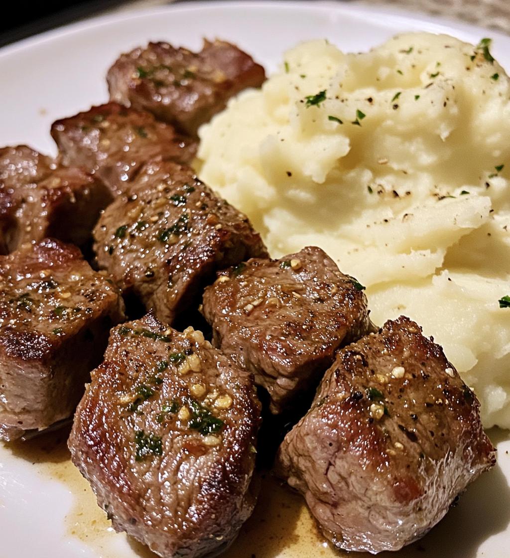 Garlic Parmesan Steak Bites with Mashed Potatoes