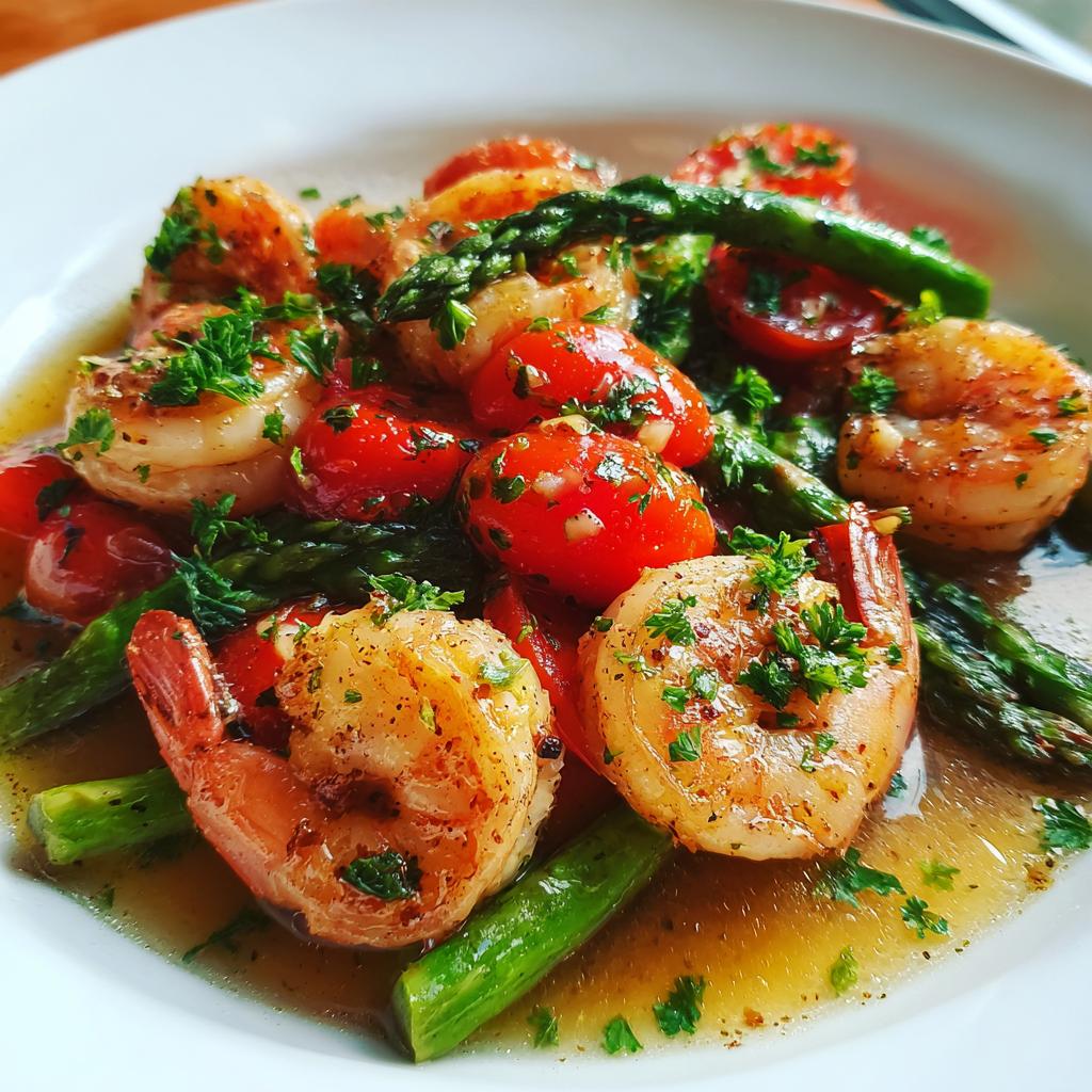 Garlic Shrimp with Fresh Tomatoes and Green Asparagus - detail 1
