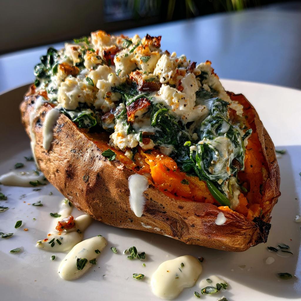 Gefüllte Süßkartoffeln mit Spinat, Champignons, Feta und Rosmarin mit Joghurtsoße