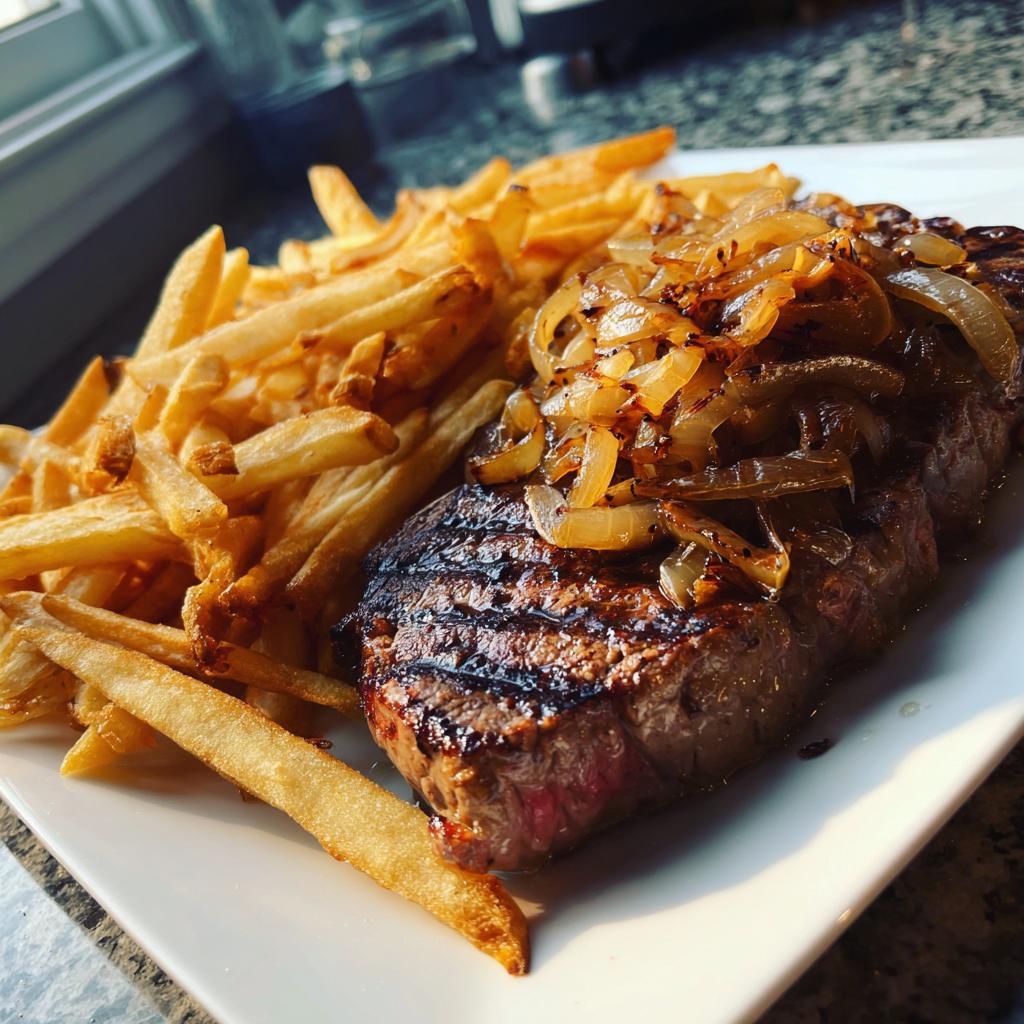 Grilled Steak with Caramelized Onions and Crispy French Fries - detail 1