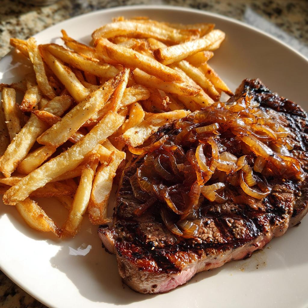 Grilled Steak with Caramelized Onions and Crispy French Fries