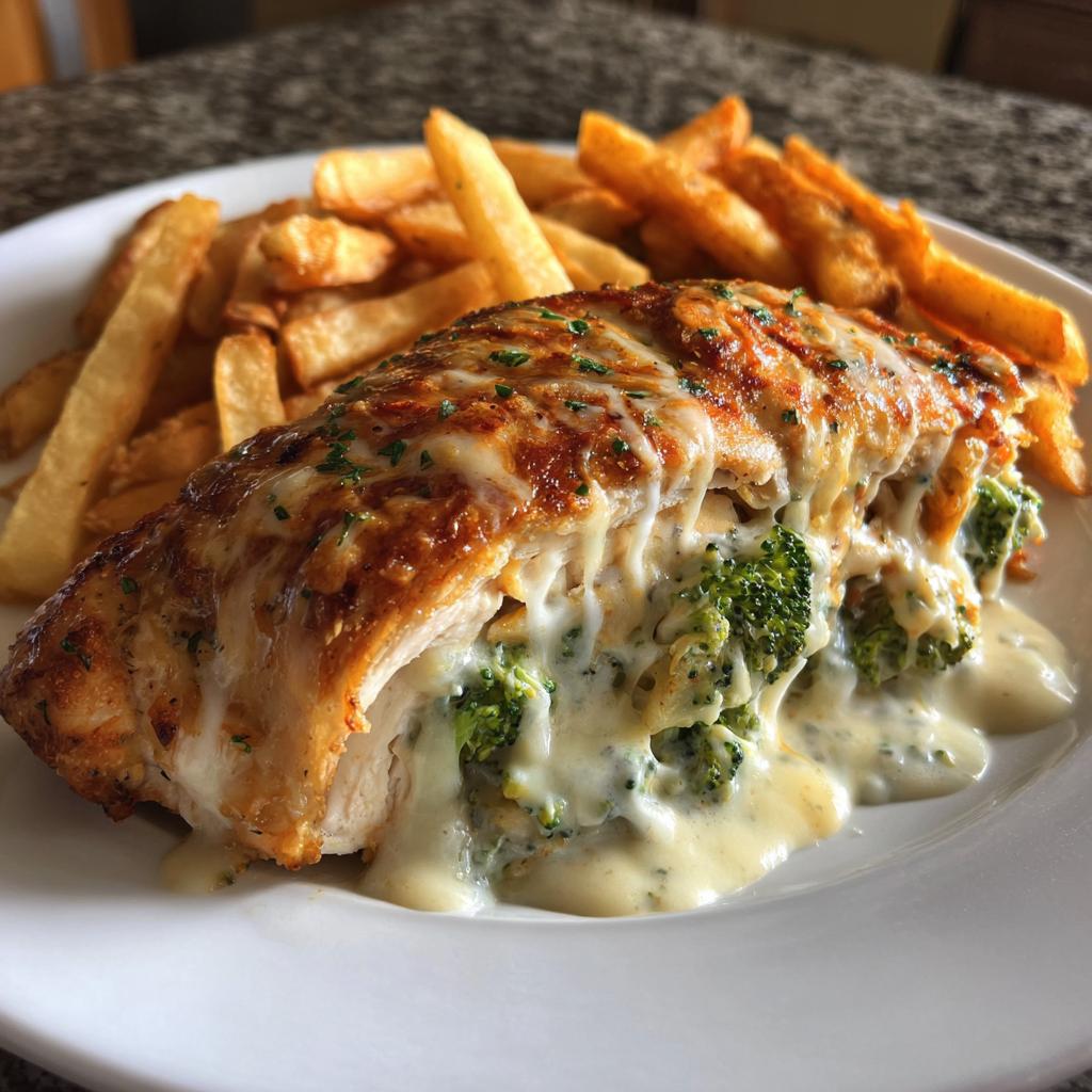 Hähnchen gefüllt mit Brokkoli und Käse Butter Chicken mit Knoblauchsauce und knusprigen Pommes - detail 1
