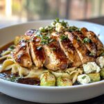 Hot Honey Balsamic Chicken Alfredo with Whipped Feta & Crispy Brussels Chips