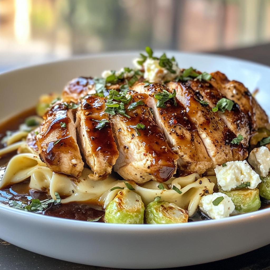 Hot Honey Balsamic Chicken Alfredo with Whipped Feta & Crispy Brussels Chips