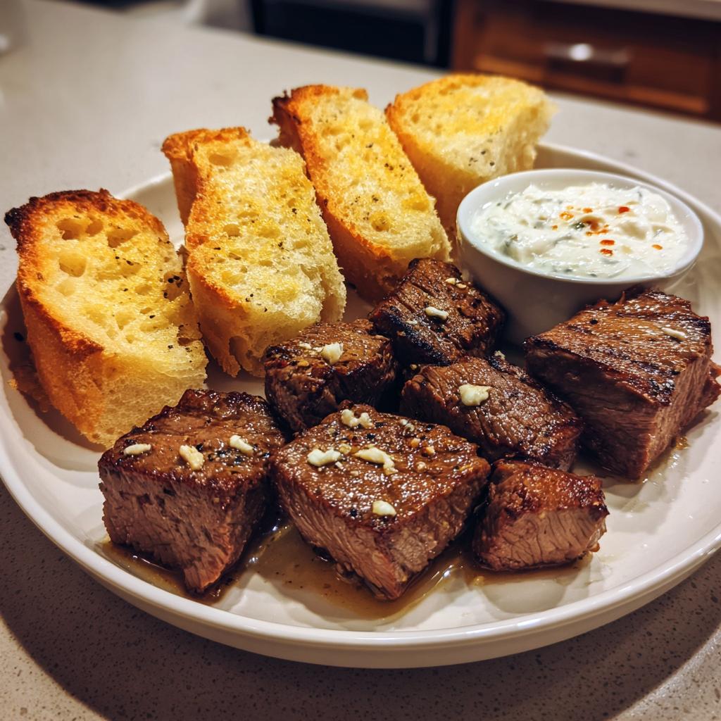 Juicy Steak Pieces with Garlic Bread and Spicy Horseradish Cream - detail 1