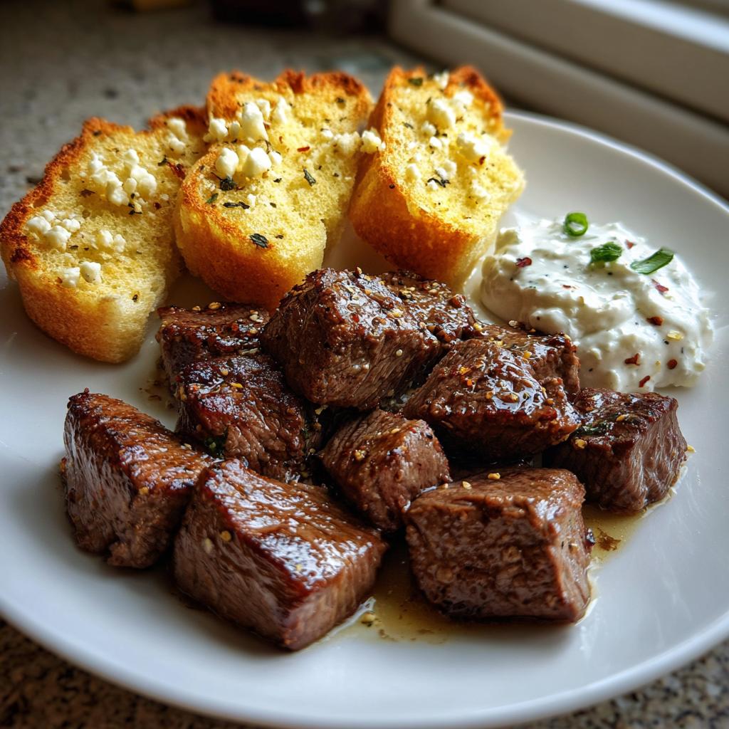 Juicy Steak Pieces with Garlic Bread and Spicy Horseradish Cream
