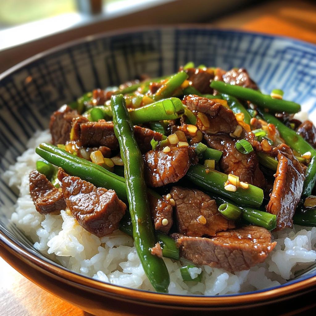 Knoblauch-Rindfleisch-Pfanne mit grünen Bohnen und Reis