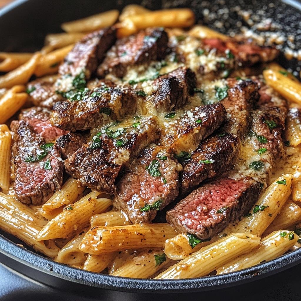 One-Pot Creamy Spicy Garlic Butter Steak & Pasta
