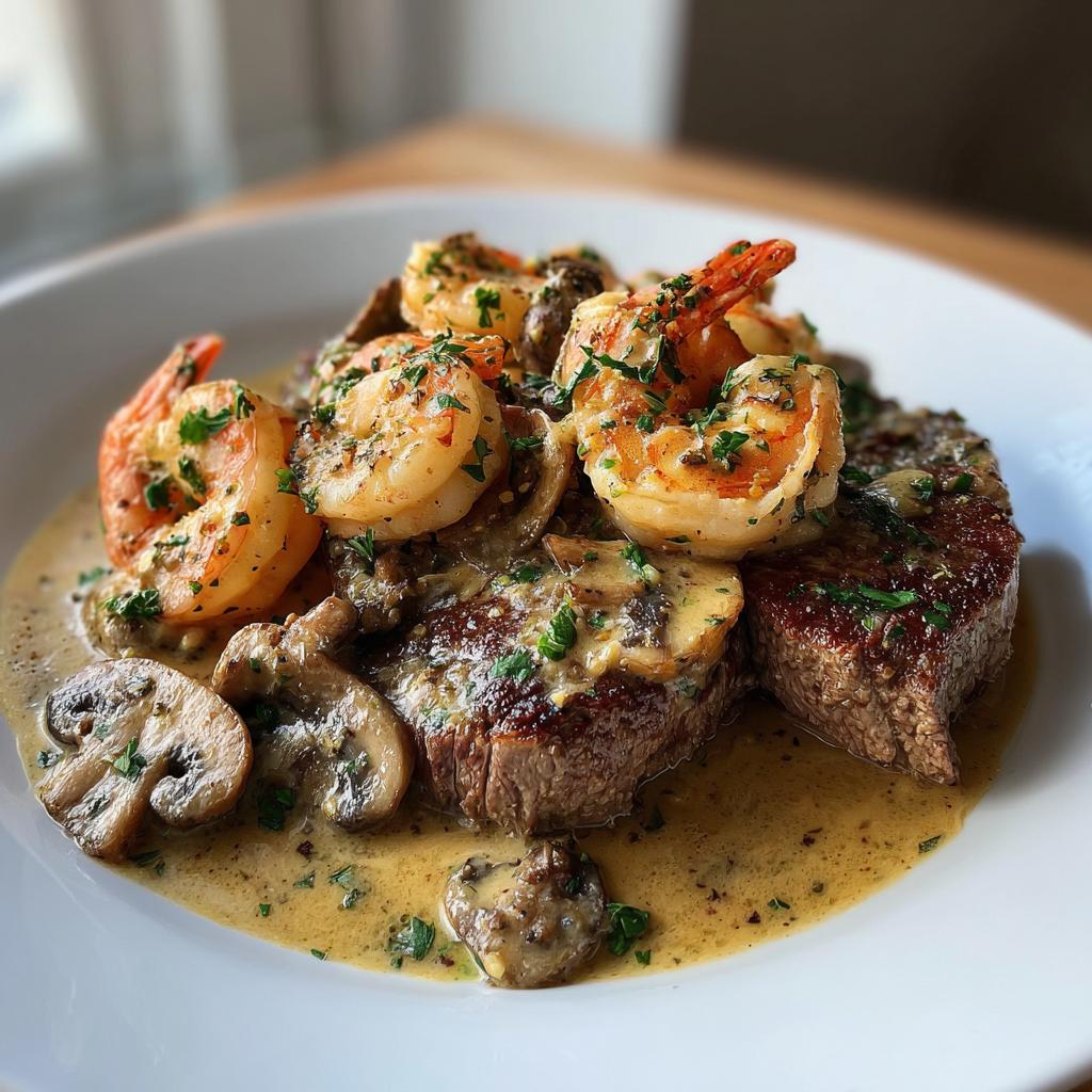 Steak and Shrimp with Mushroom Cream Sauce - detail 1