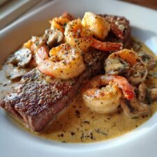 Juicy 30-Minute Steak and Shrimp with Mushroom Cream Sauce