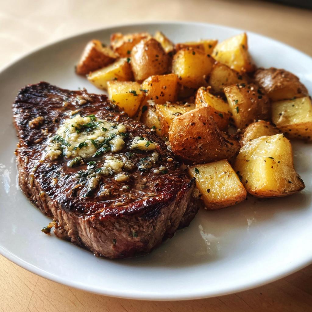 Tender Steak with Garlic Butter and Golden Brown Potatoes - detail 1