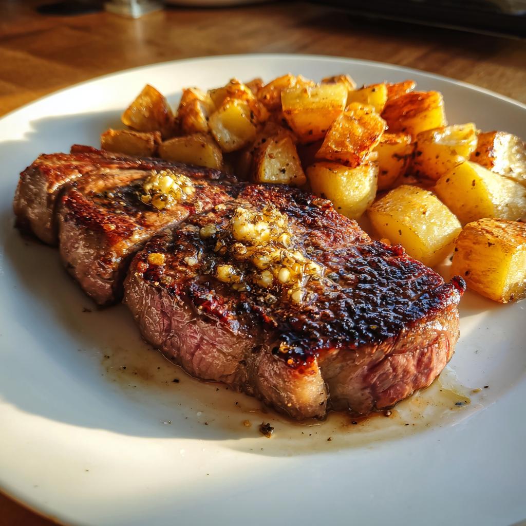 Tender Steak with Garlic Butter and Golden Brown Potatoes