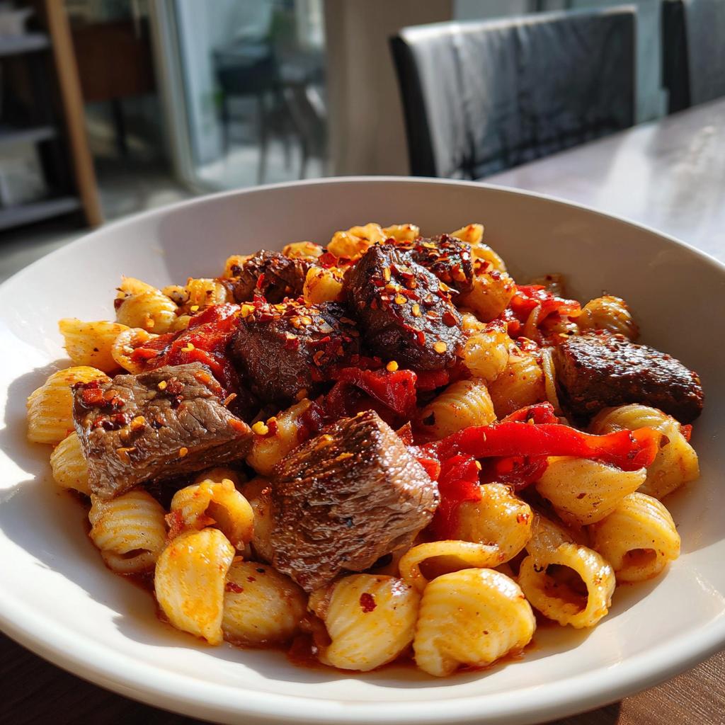 Tender steak pieces combined with shell pasta and a rich roasted bell pepper and garlic sauce. Spicy, warming, and full of flavor! - detail 1