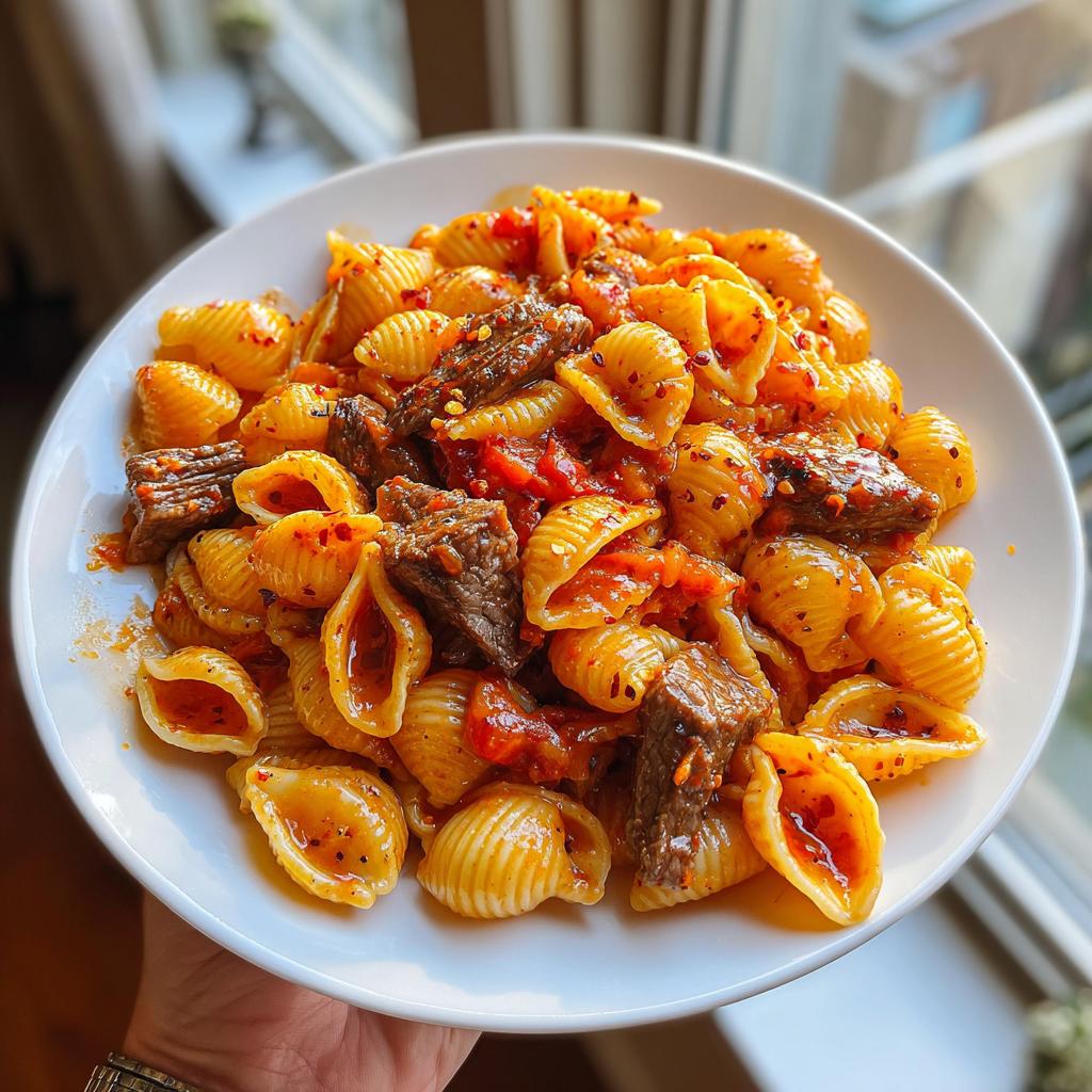 Tender steak pieces combined with shell pasta and a rich roasted bell pepper and garlic sauce. Spicy, warming, and full of flavor!