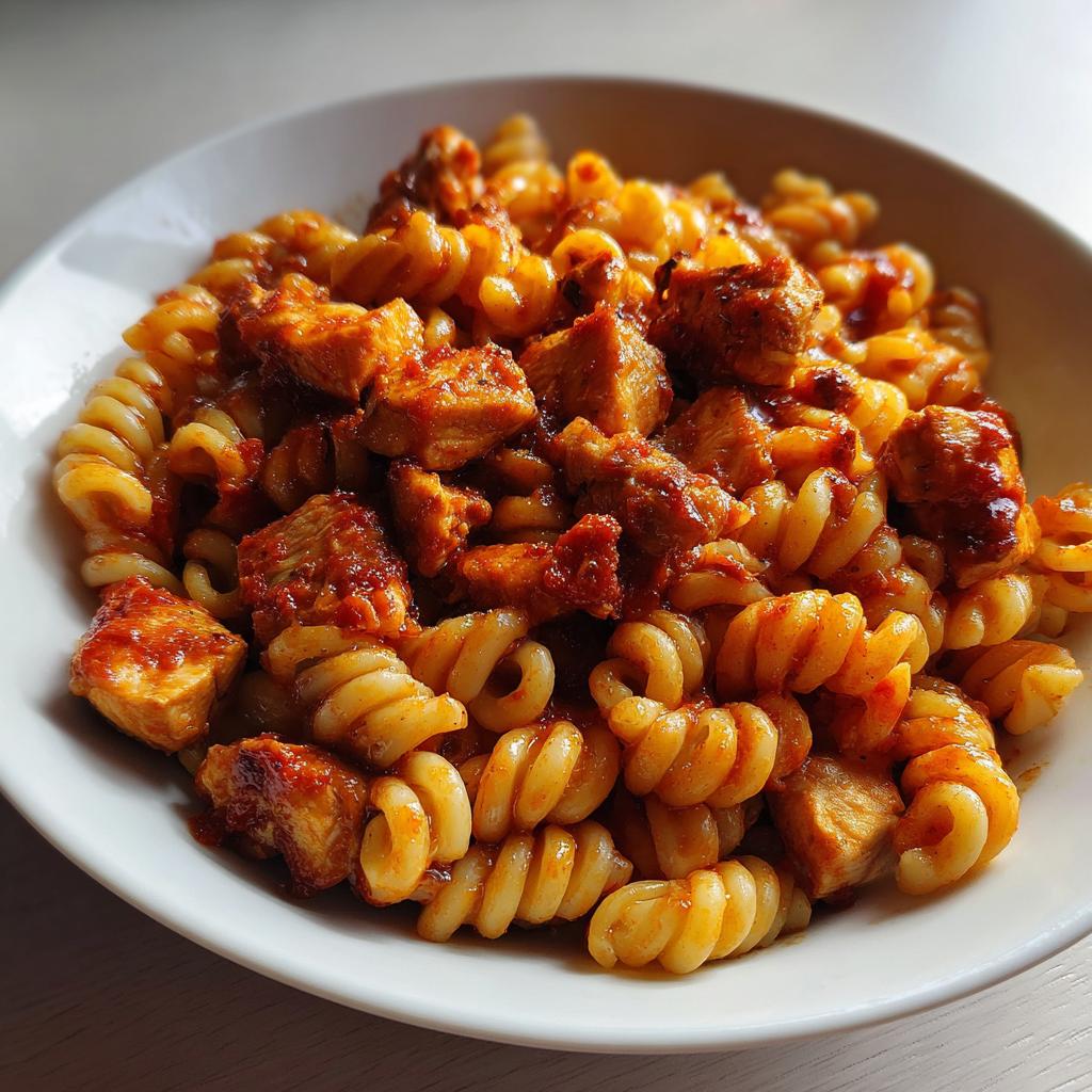 pasta featuring tender cubed chicken fillets mixed