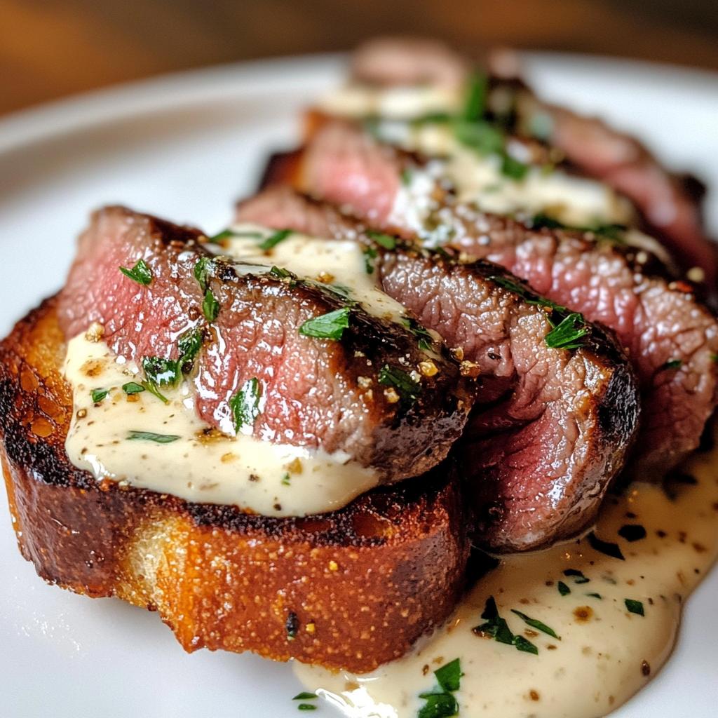 Beef Tenderloin Crostini with Parmesan Cream Sauce