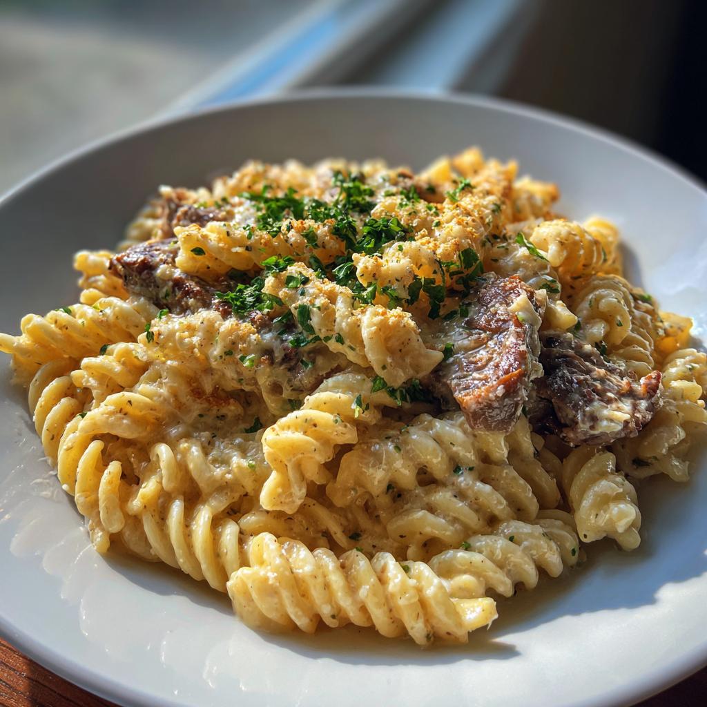 Beef and Rotini in Garlic Parmesan Sauce - perfect for family dinners or quick weeknight meals