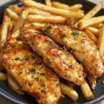 Chicken fillet in a spicy, creamy garlic-Parmesan sauce with French fries