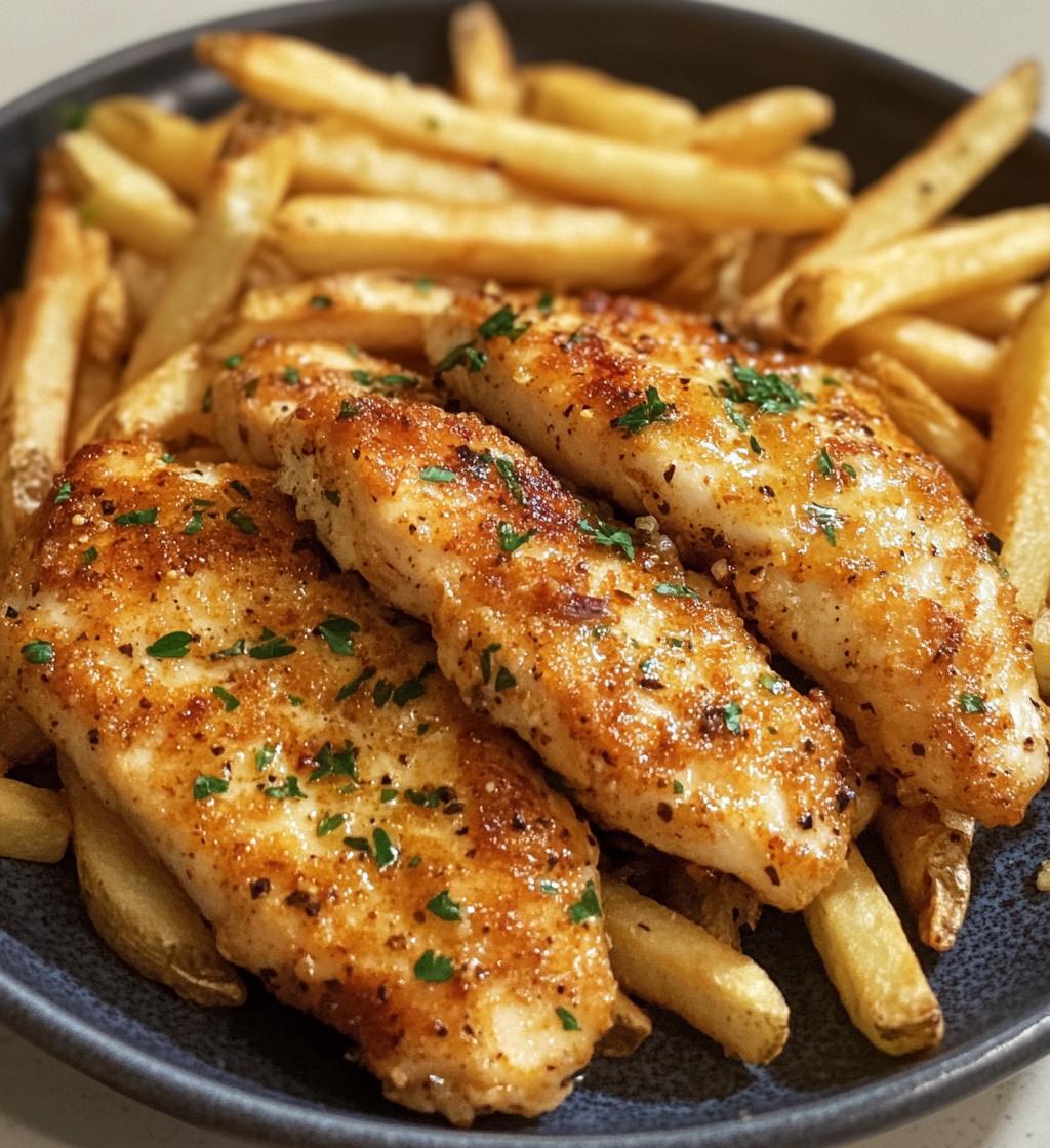 Chicken fillet in a spicy, creamy garlic-Parmesan sauce with French fries