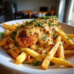 Chicken fillet in a spicy, creamy garlic parmesan sauce with French fries