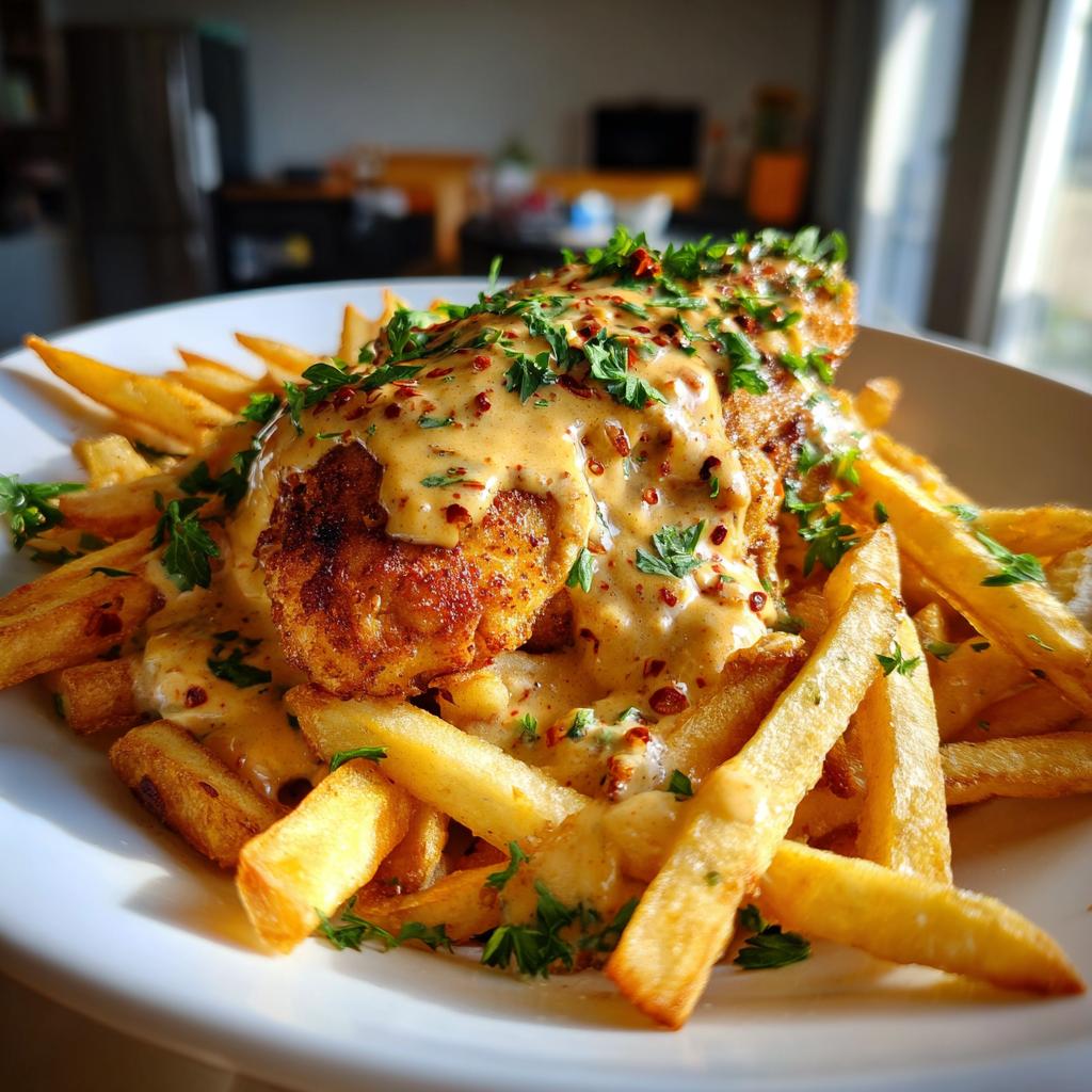 Chicken fillet in a spicy, creamy garlic parmesan sauce with French fries
