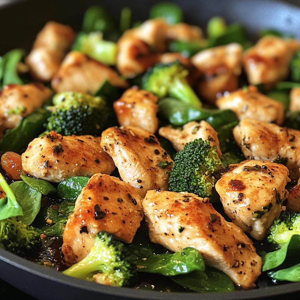 Chicken pan with garlic, fresh broccoli and spinach