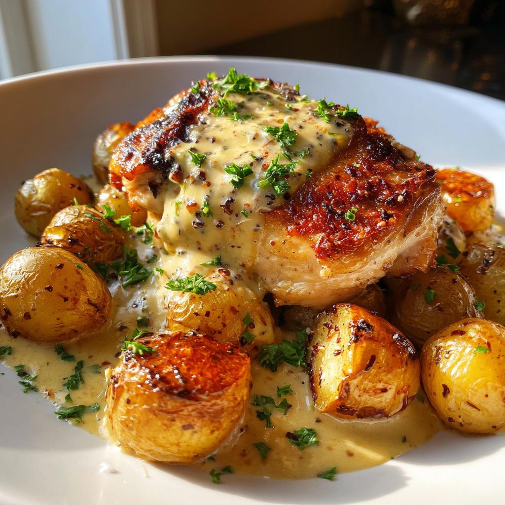 Creamy Garlic Chicken with Roasted Baby Potatoes
