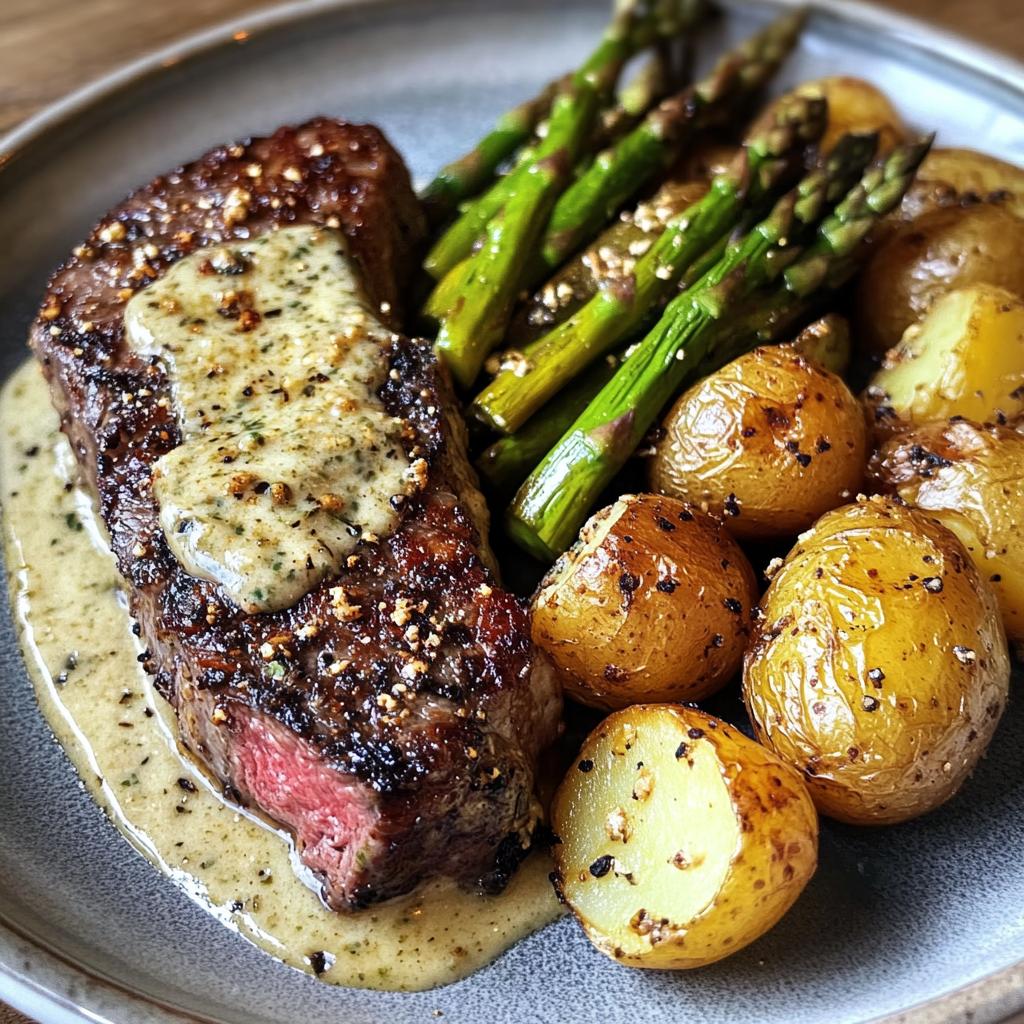Creamy Garlic Parmesan Steak with Roasted New Potatoes and Asparagus