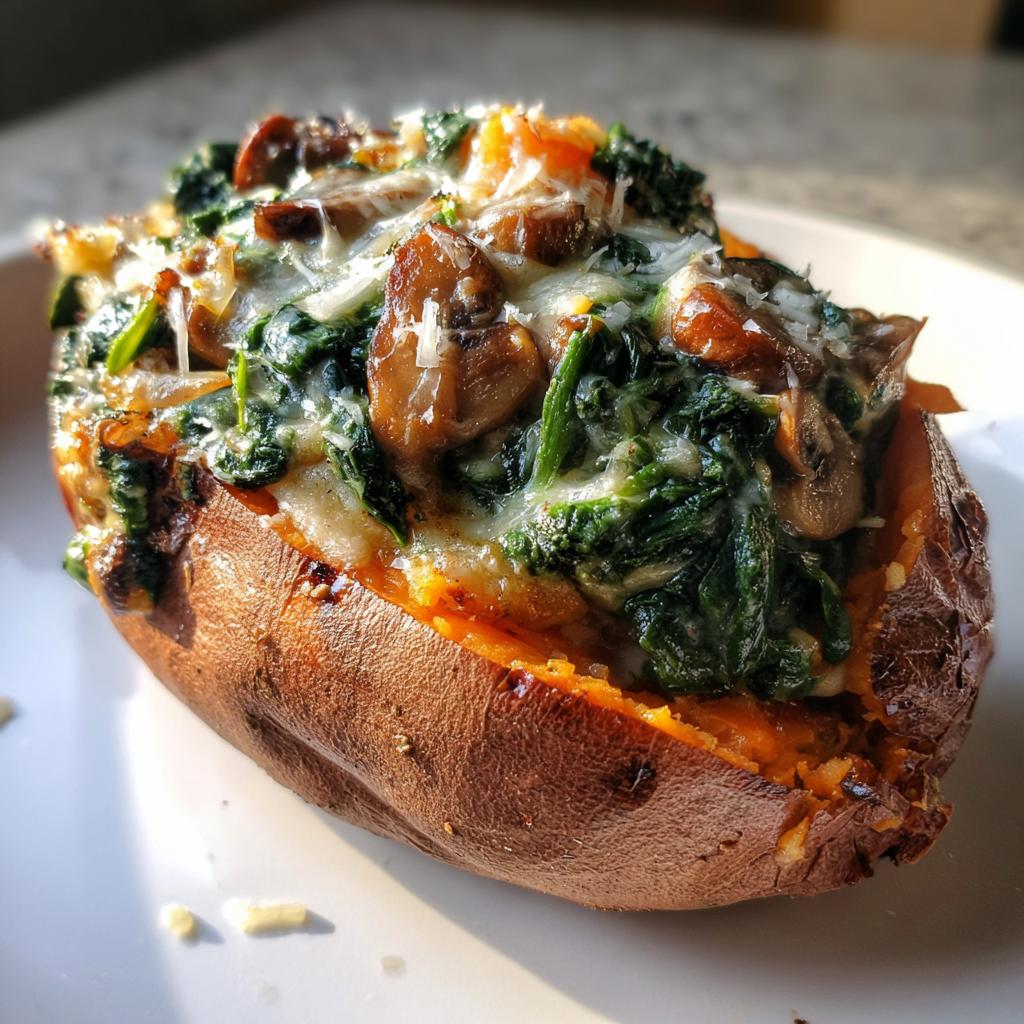 Creamy Mushroom and Spinach Stuffed Sweet Potatoes