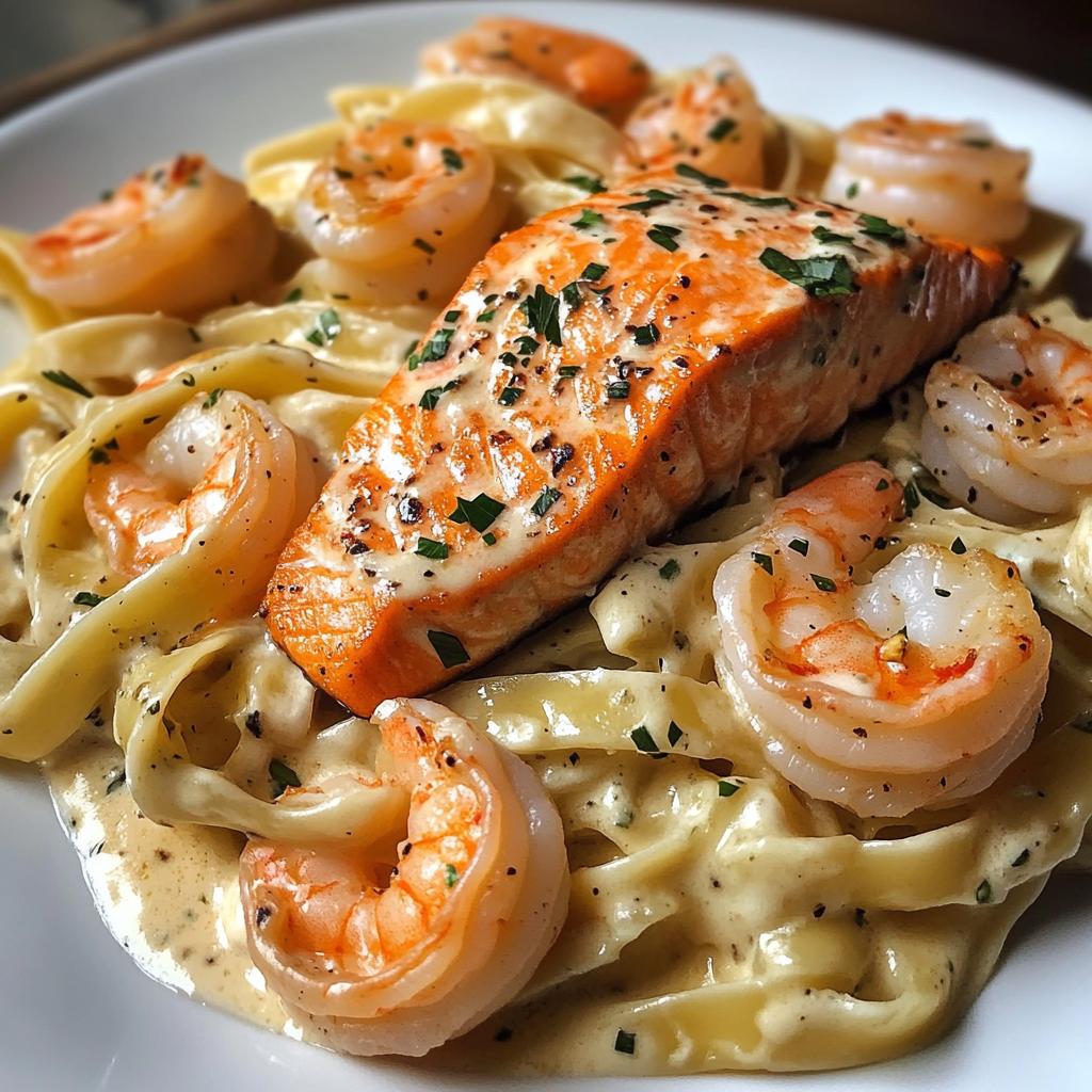 Creamy Salmon and Shrimp Alfredo