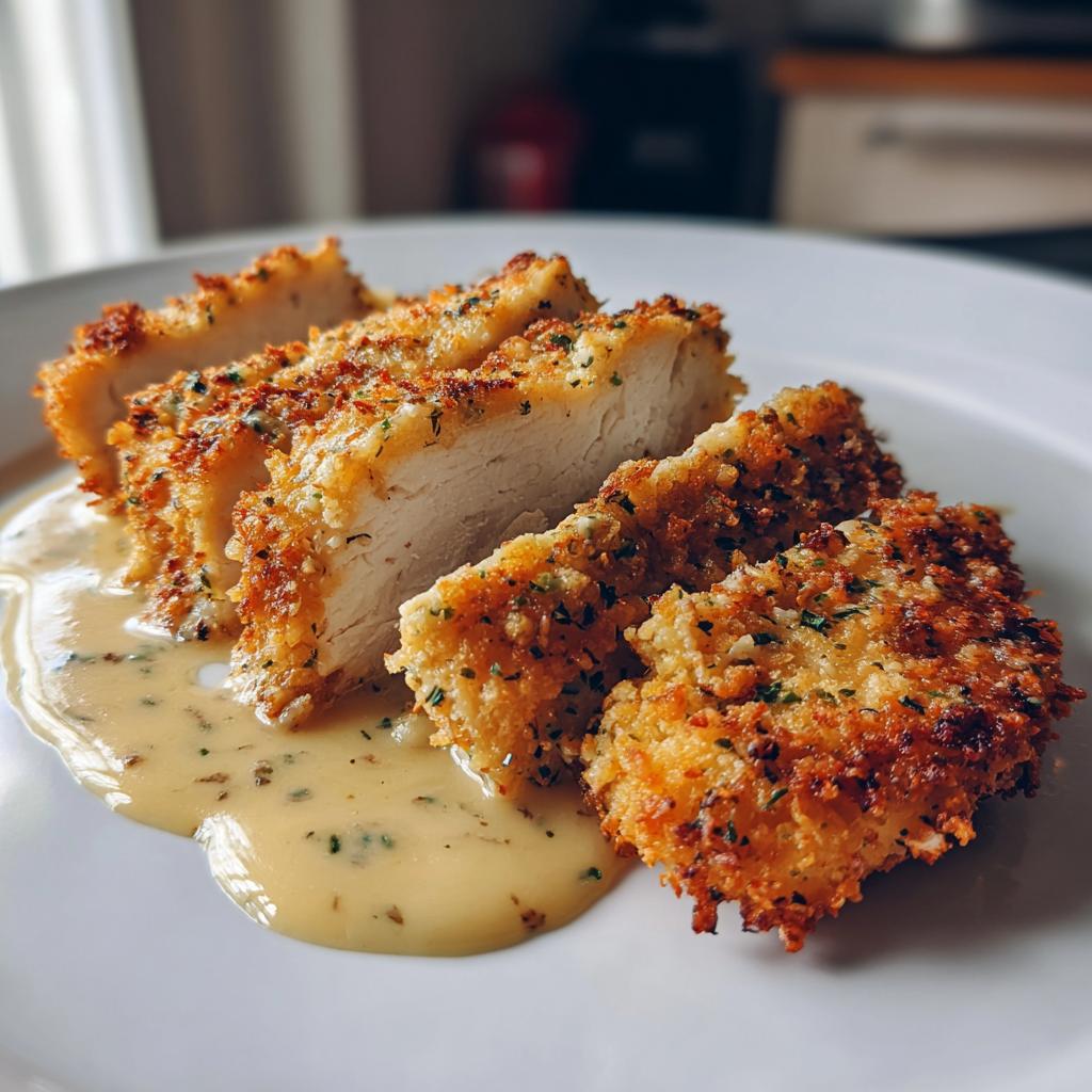 Crispy Parmesan Chicken with a Rich Garlic Sauce - Easy Dinner Idea | Delectable Mealistible Roasted Garlic Pan Sauce!