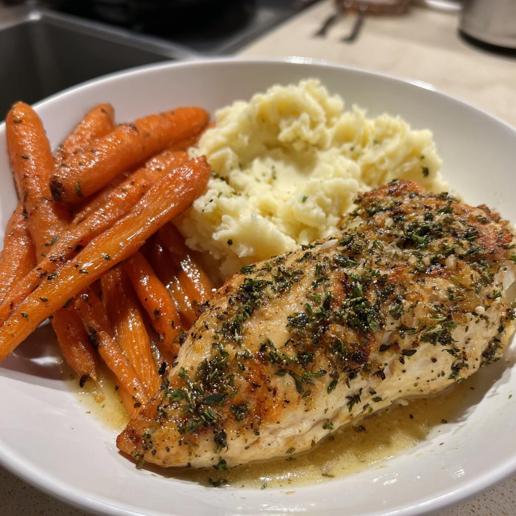 GARLIC HERB CHICKEN WITH MASHED POTATOES AND GLAZED CARROTS is your next family favorite dish