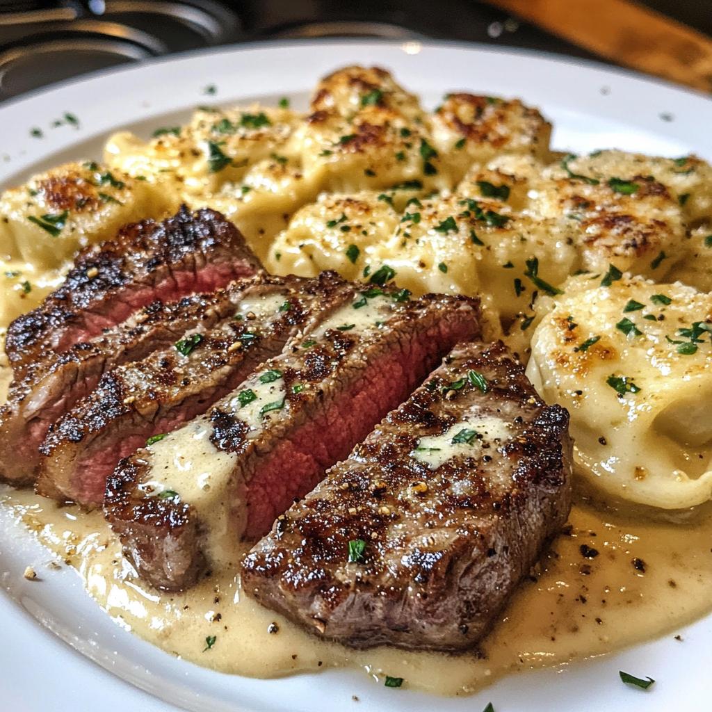 Garlic Butter Steak with Cheese Alfredo Tortellini