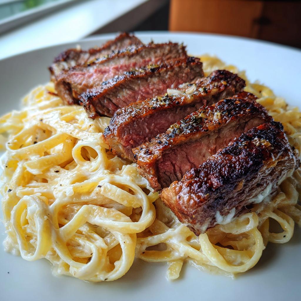 Garlic Butter Steak with Cheesy Linguine in a Four-Cheese Sauce