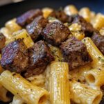 Garlic butter beef steak tips with cheese rigatoni