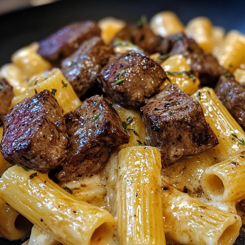 Garlic butter beef steak tips with cheese rigatoni