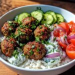 Greek Meatball Bowl with Tzatziki, Rice & Fresh Veggies