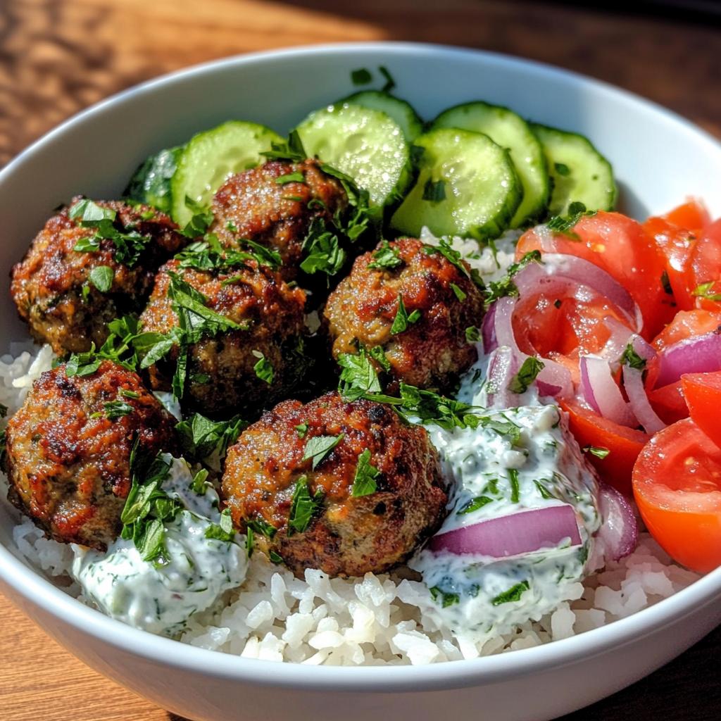 Greek Meatball Bowl with Tzatziki, Rice & Fresh Veggies