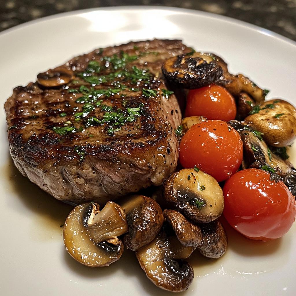 Grilled Steak with Sautéed Mushrooms and Tomatoes