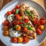 Juicy chicken fillets with oven-baked tomatoes and creamy burrata